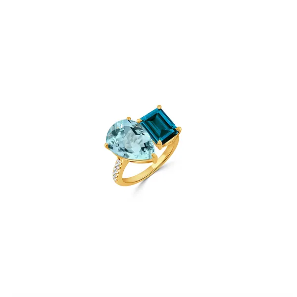 DOVES 18K Yellow Gold Diamond Ring with Sky Blue Topaz and London Blue Topaz George Press Jewelers Livingston, NJ