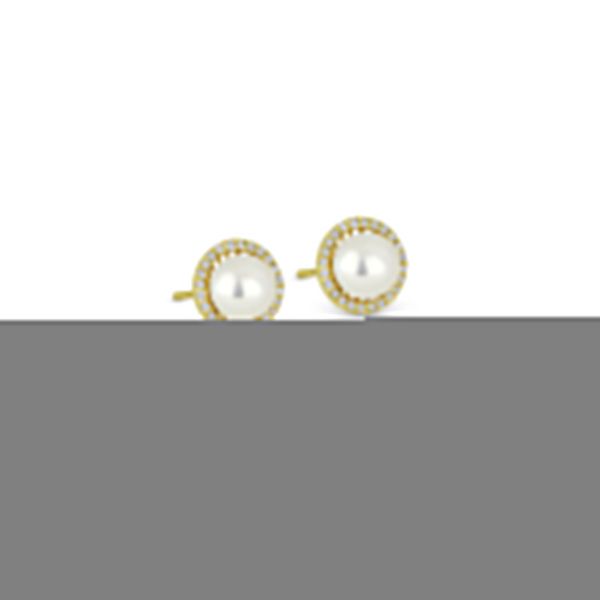 Madison L Pearl Stud With Diamond Halo in Yellow Gold George Press Jewelers Livingston, NJ