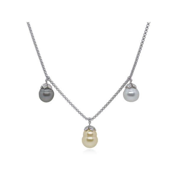 Grey Chain Triple Drop Black, White, & Yellow South Sea Pearl Necklace George Press Jewelers Livingston, NJ