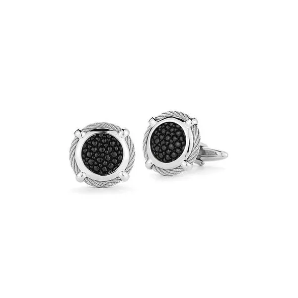 ALOR Grey Cable Classic Round Cufflink with Black Stingray George Press Jewelers Livingston, NJ