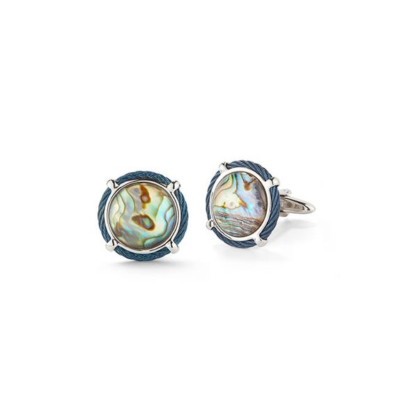 ALOR Men’s Stainless Steel Round Cufflinks with Center Abalone Station George Press Jewelers Livingston, NJ