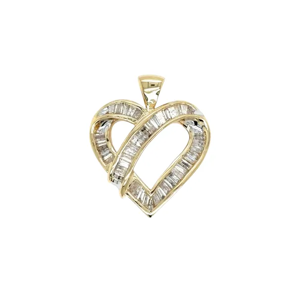 Estate 10K Yellow Gold Baguette Diamond Heart Pendant
