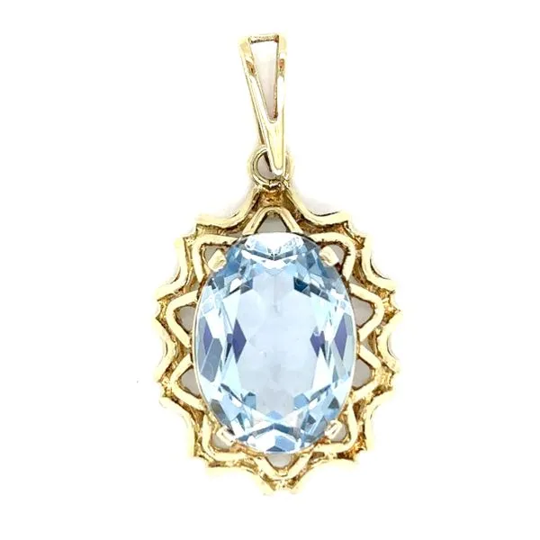 Estate 9K Yellow Gold Imitation Aquamarine Filigree Pendant