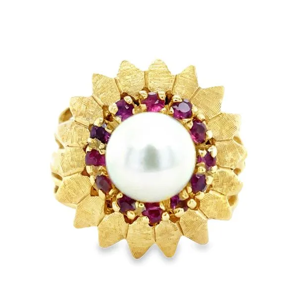 Estate 14K Yellow Gold Pearl & Ruby Ring