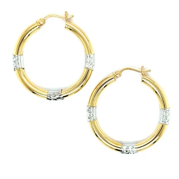 Estate 14K Two Tone Gold Large Hollow Diamond Cut Hoops
