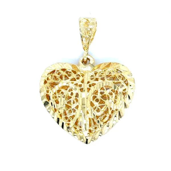 Estate 14K Yellow Gold Openwork Filigree Puff Heart Pendant