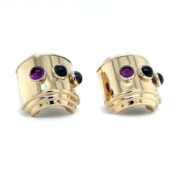 Estate 14K Yellow Gold Omega Cuff Earrings with Amethyst and Tourmaline Georgetown Jewelers Wood Dale, IL