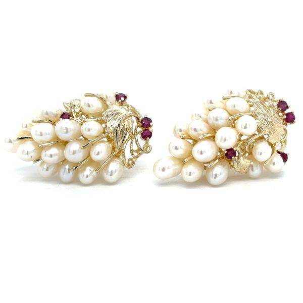 Estate 14K Yellow Gold Freshwater Pearl & Ruby Omega Earrings Georgetown Jewelers Wood Dale, IL
