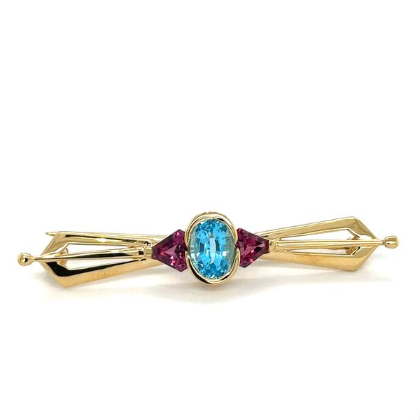Estate 18K Yellow Gold Blue Topaz & Amethyst Bar Pin Georgetown Jewelers Wood Dale, IL