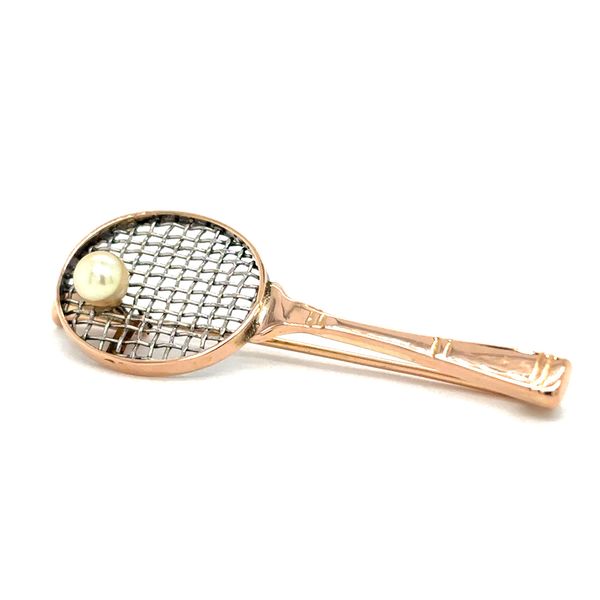 Estate 18K Rose & White Gold Pearl Tennis Racket Brooch Georgetown Jewelers Wood Dale, IL