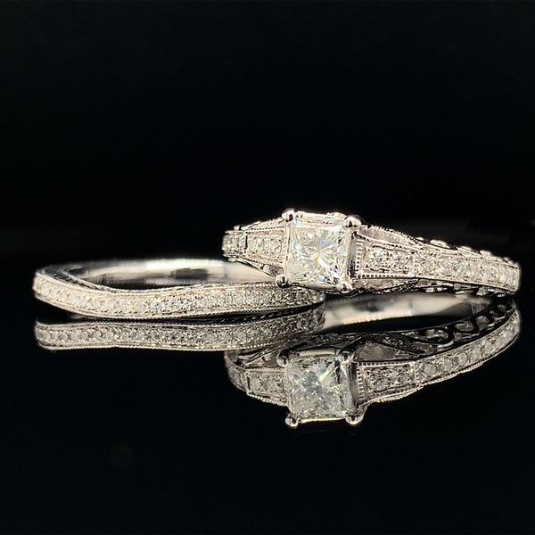Carved Vintage Style Princess Cut Diamond Wedding Set Image 3 Geralds Jewelry Oak Harbor, WA