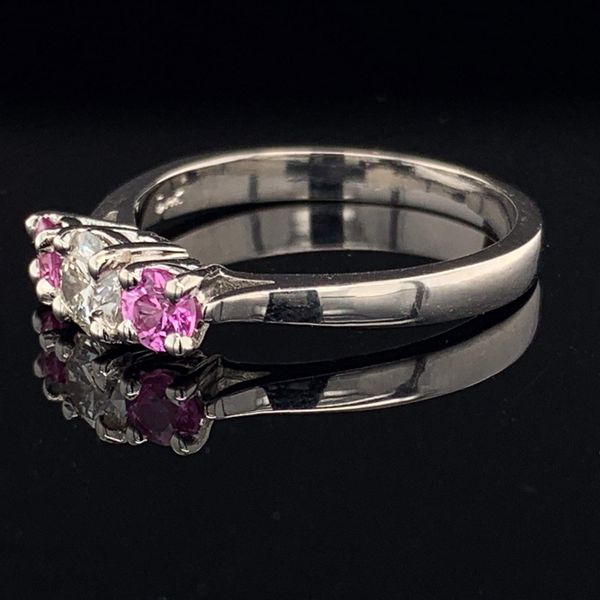 3 Stone Ring with Hearts and Arrows Diamond and 2 Vivid Pink Sapphires Image 2 Geralds Jewelry Oak Harbor, WA