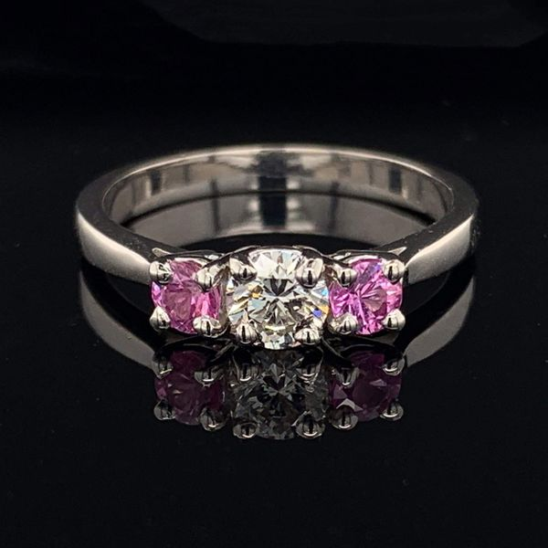 3 Stone Ring with Hearts and Arrows Diamond and 2 Vivid Pink Sapphires Geralds Jewelry Oak Harbor, WA