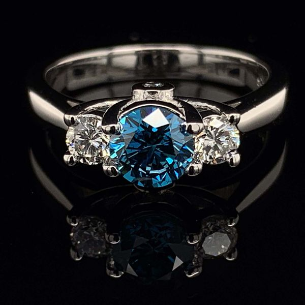 Diamond 3-Stone Ring With Enhanced Blue Center Hearts And Arrows Diamond Geralds Jewelry Oak Harbor, WA