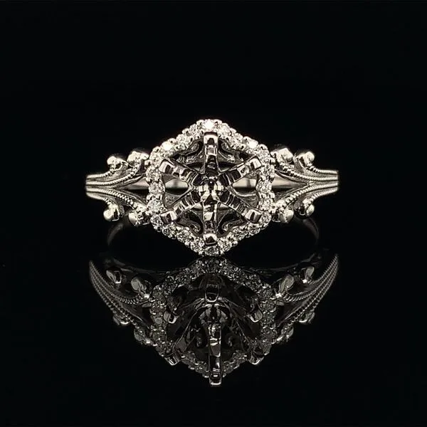 Vintage Inspired Filigree Diamond Halo Ring Without Center Stone in White Gold Geralds Jewelry Oak Harbor, WA