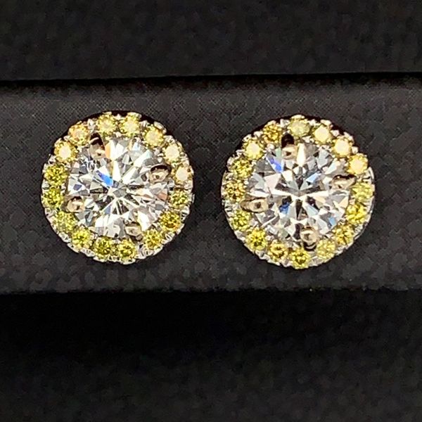 Hearts & Arrows Diamond Earrings with Enhanced Yellow Diamond Halo Image 2 Geralds Jewelry Oak Harbor, WA