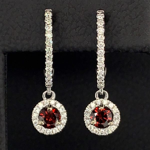 Brilliant Cut Enhanced Red Diamond Halo Style Dangle Earrings Geralds Jewelry Oak Harbor, WA