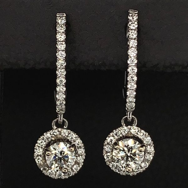 Hearts And Arrows Diamond Halo Style Dangle Earrings, .77Ct Total Weight Geralds Jewelry Oak Harbor, WA