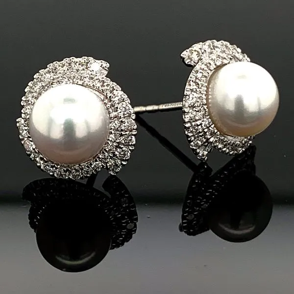 Gabriel & Co. Cultured Pearl Swirling Diamond Halo Stud Earrings Geralds Jewelry Oak Harbor, WA