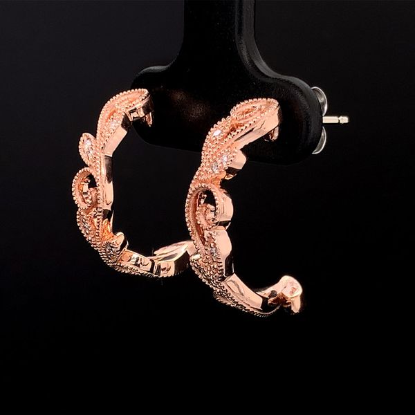 Custom Scroll and Diamond J-Hoop Earrings in Rose Gold Image 2 Geralds Jewelry Oak Harbor, WA
