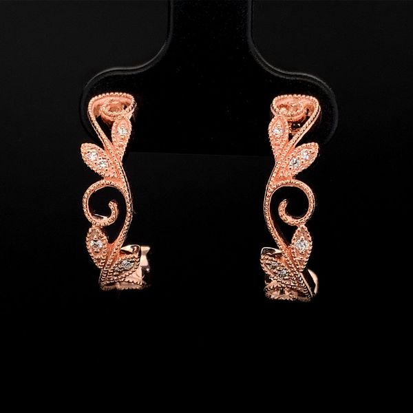 Custom Scroll and Diamond J-Hoop Earrings in Rose Gold Geralds Jewelry Oak Harbor, WA