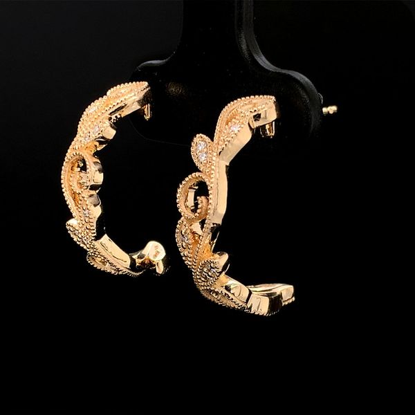 Custom Scroll and Diamond J-Hoop Earrings in Yellow Gold Image 2 Geralds Jewelry Oak Harbor, WA