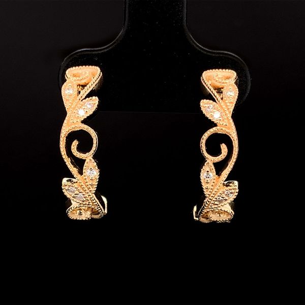 Custom Scroll and Diamond J-Hoop Earrings in Yellow Gold Geralds Jewelry Oak Harbor, WA