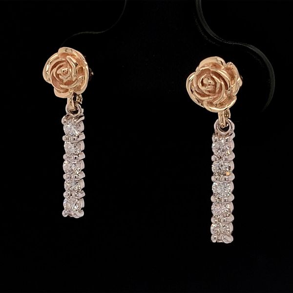 Two Tone Gold Rose and Diamond Earrings Image 2 Geralds Jewelry Oak Harbor, WA