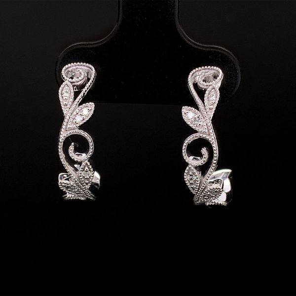 Custom Scroll and Diamond J-Hoop Earrings in White Gold Geralds Jewelry Oak Harbor, WA