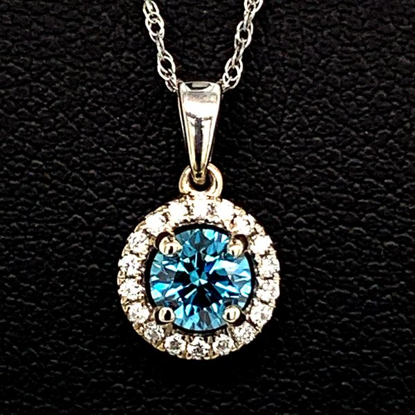 Hearts and Arrows Blue Diamond Halo Pendant, .43Ct Total Weight Geralds Jewelry Oak Harbor, WA