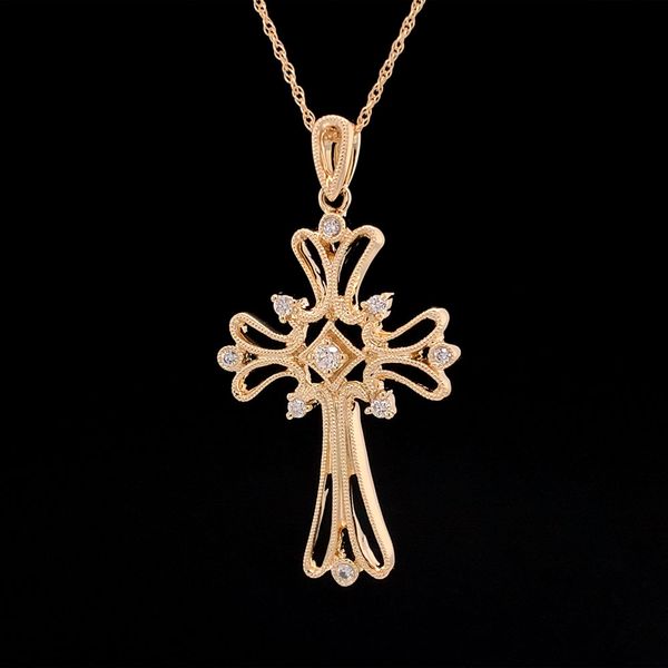 Yellow Gold Milgrain Diamond Cross Pendant Image 2 Geralds Jewelry Oak Harbor, WA