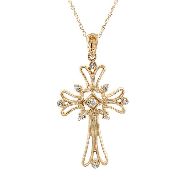 Yellow Gold Milgrain Diamond Cross Pendant Image 4 Geralds Jewelry Oak Harbor, WA