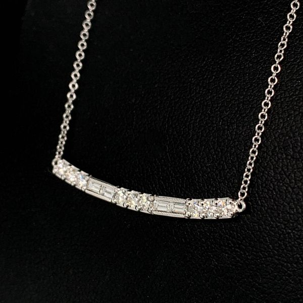 Gabriel & Co. 14K White Gold Round and Baguette Diamond Curved Bar Necklace Image 2 Geralds Jewelry Oak Harbor, WA