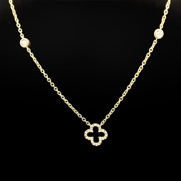 Yellow Gold Diamond Station Clover and Bezel Strand Necklace Geralds Jewelry Oak Harbor, WA