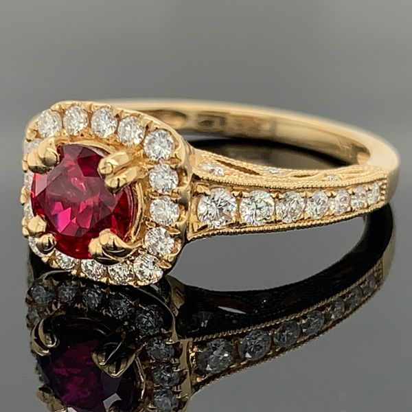 Ladies Carved 14K Yellow Gold Ruby and Diamond Engagement Ring Image 2 Geralds Jewelry Oak Harbor, WA