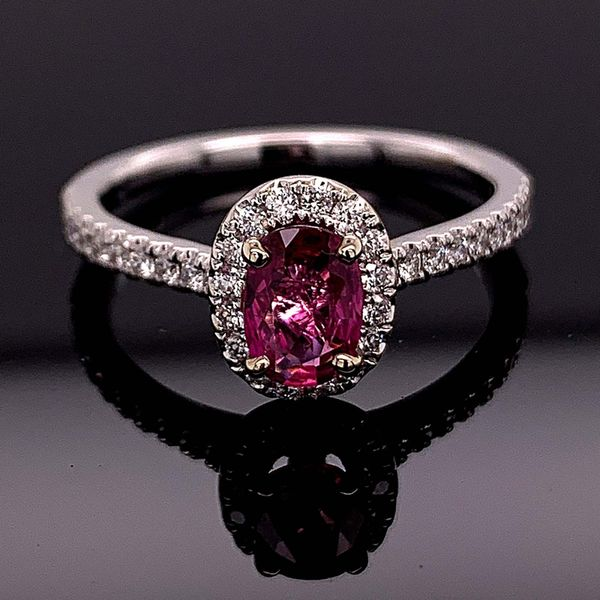 Ladies Pink/Red Ruby And Diamond Halo Ring Geralds Jewelry Oak Harbor, WA
