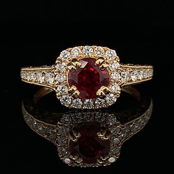 Ladies Carved 14K Yellow Gold Ruby and Diamond Engagement Ring Geralds Jewelry Oak Harbor, WA
