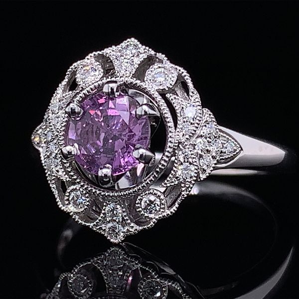 Vintage Style Pinkish Purple Sapphire and Diamond Ring Image 2 Geralds Jewelry Oak Harbor, WA