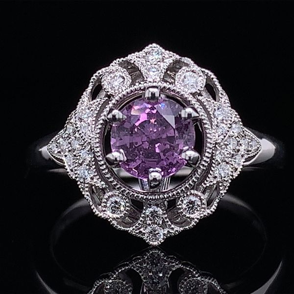 Vintage Style Pinkish Purple Sapphire and Diamond Ring Geralds Jewelry Oak Harbor, WA
