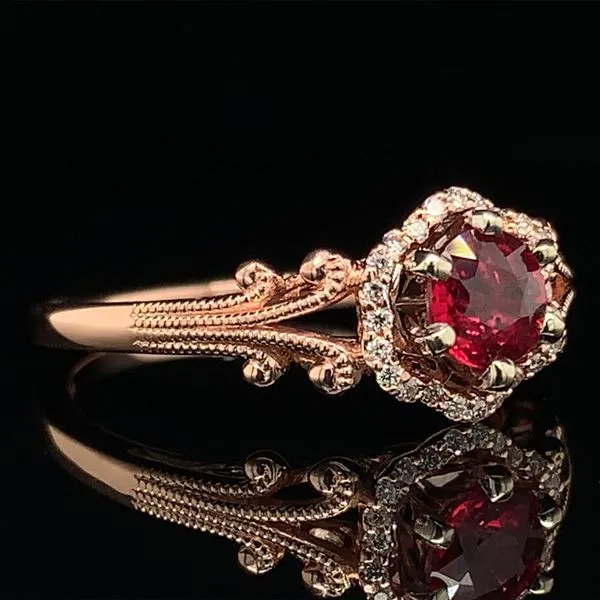 Vintage Inspired Filigree Fire Ruby and Diamond Halo Ring Image 2 Geralds Jewelry Oak Harbor, WA
