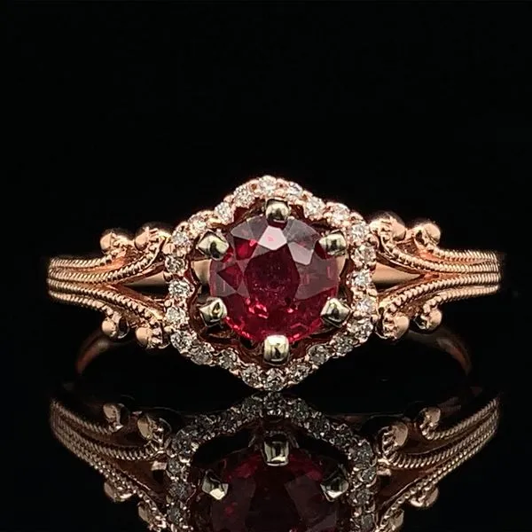 Vintage Inspired Filigree Fire Ruby and Diamond Halo Ring Geralds Jewelry Oak Harbor, WA