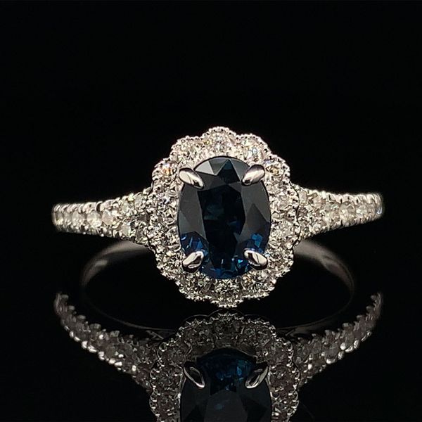 Natural Sapphire And Diamond Scalloped Halo Ring Geralds Jewelry Oak Harbor, WA