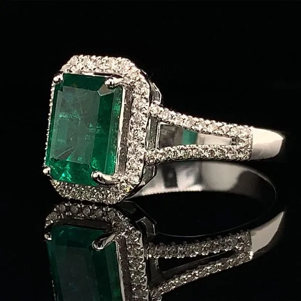 Emerald Split Shank Halo Style Diamond Ring Image 2 Geralds Jewelry Oak Harbor, WA