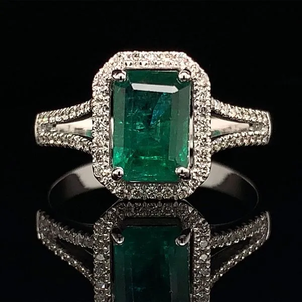 Emerald Split Shank Halo Style Diamond Ring Geralds Jewelry Oak Harbor, WA