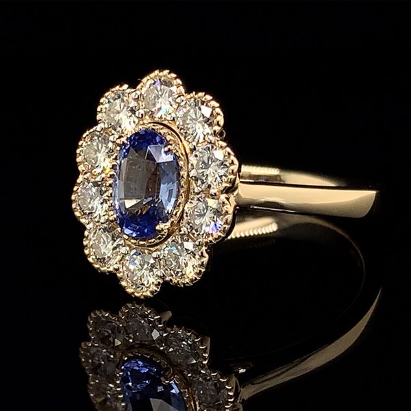 Ceylon Sapphire And Scalloped Diamond Halo Ring Image 2 Geralds Jewelry Oak Harbor, WA