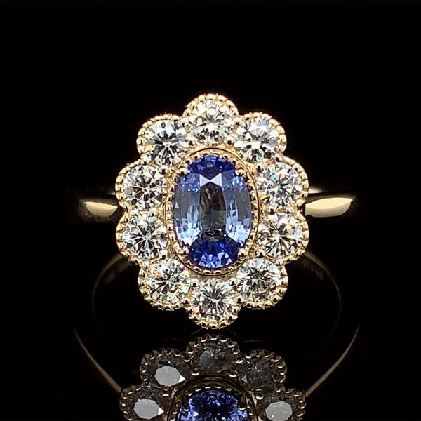 Ceylon Sapphire And Scalloped Diamond Halo Ring Geralds Jewelry Oak Harbor, WA