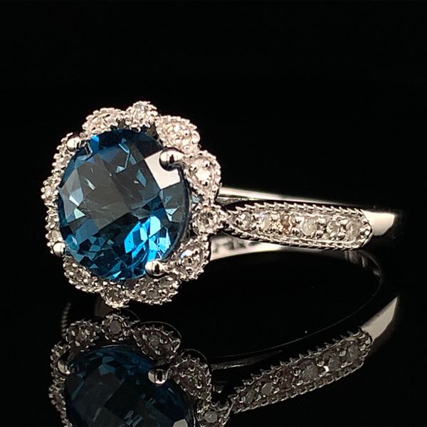Checkerboard London Blue Topaz And Diamond Halo Ring Image 2 Geralds Jewelry Oak Harbor, WA