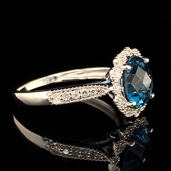 Checkerboard London Blue Topaz And Diamond Halo Ring Image 3 Geralds Jewelry Oak Harbor, WA