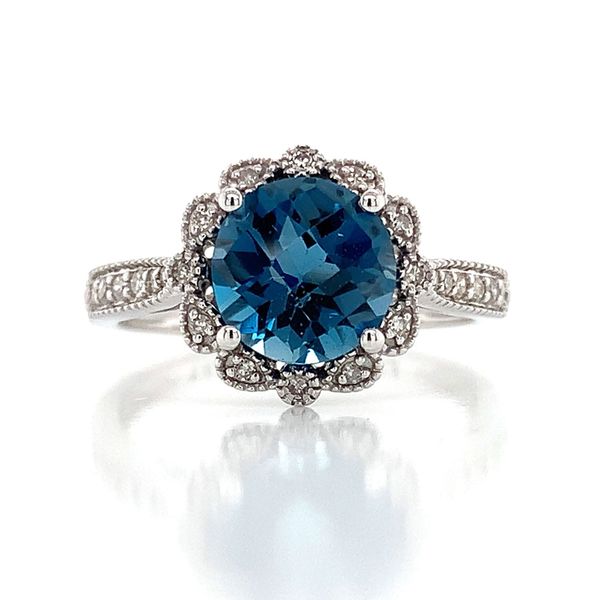 Checkerboard London Blue Topaz And Diamond Halo Ring Image 4 Geralds Jewelry Oak Harbor, WA
