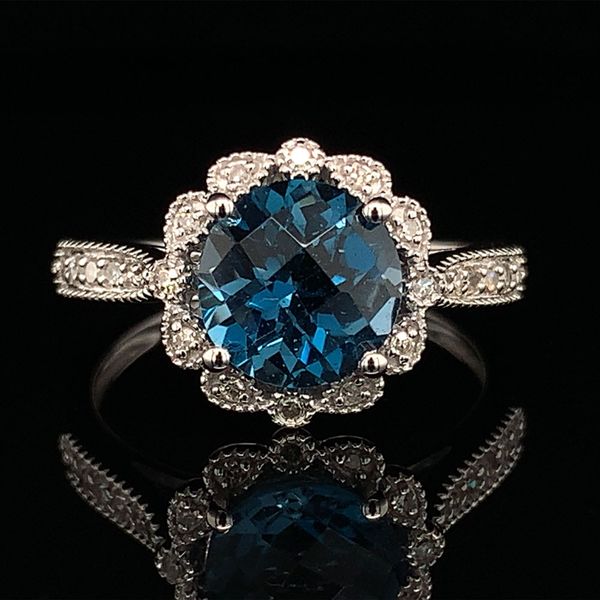 Checkerboard London Blue Topaz And Diamond Halo Ring Geralds Jewelry Oak Harbor, WA